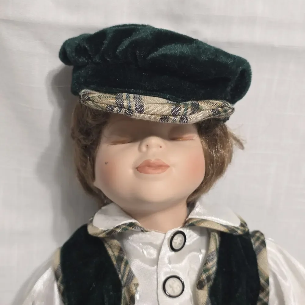 Vintage Collectible Porcelain Twin Dolls in Plaid and Blue Velvet Outfits